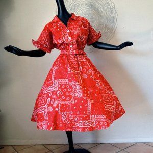 Vintage 70s 80s does 50s Red Bandana Print Swing Dance Dress  US size 18